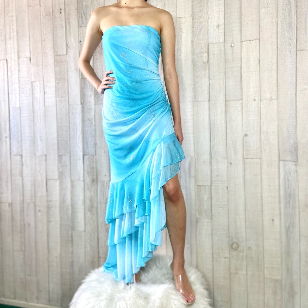 Y2K Baby Blue Sparkly Asymmetrical Tube Dress